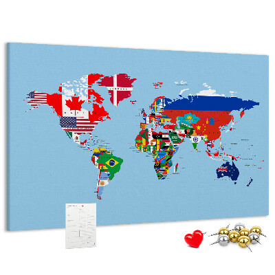 Tableau affichage liège Carte du monde avec les drapeaux des pays