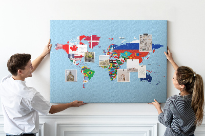 Tableau affichage liège Carte du monde avec les drapeaux des pays