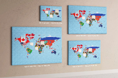 Tableau affichage liège Carte du monde avec les drapeaux des pays
