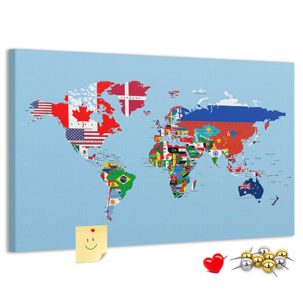 Tableau affichage liège Carte du monde avec les drapeaux des pays