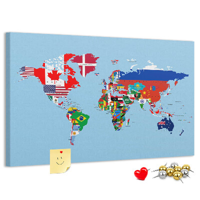 Tableau affichage liège Carte du monde avec les drapeaux des pays