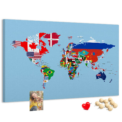 Tableau affichage liège Carte du monde avec les drapeaux des pays