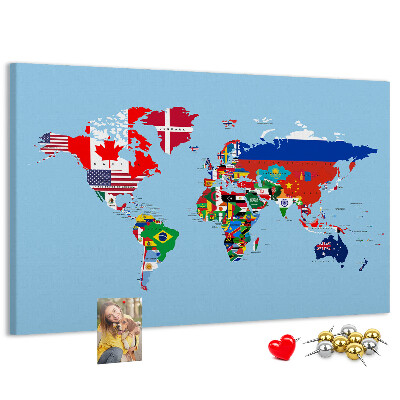 Tableau affichage liège Carte du monde avec les drapeaux des pays