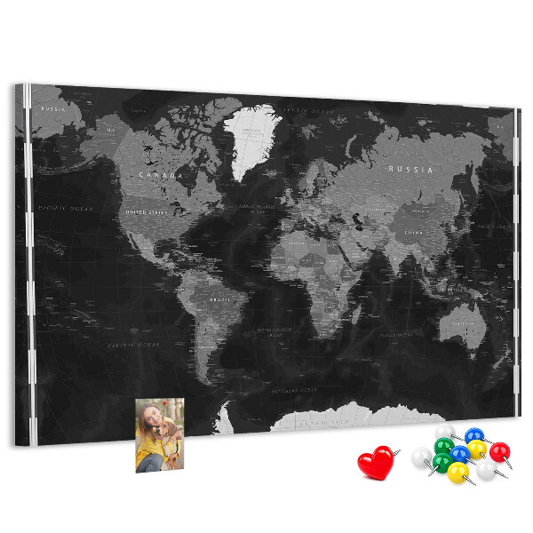 Tableau de liège Carte du monde noire avec les contours des pays