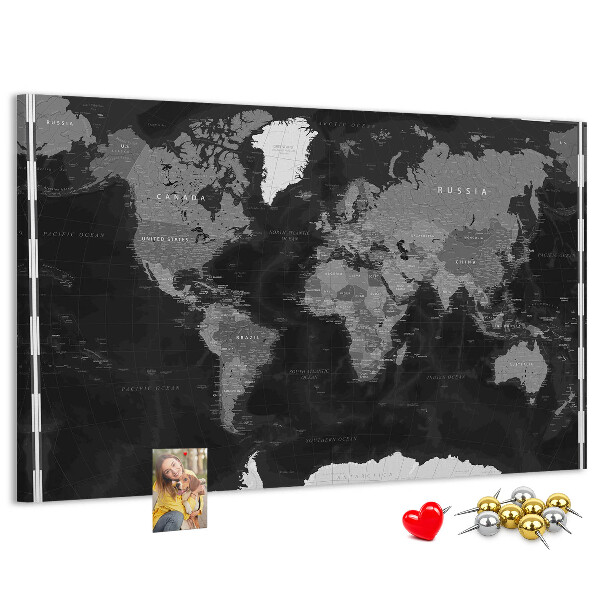 Tableau de liège Carte du monde noire avec les contours des pays