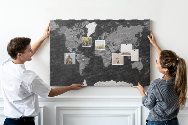 Tableau de liège Carte du monde noire avec les contours des pays