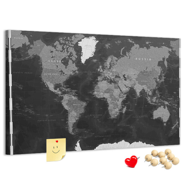 Tableau de liège Carte du monde noire avec les contours des pays