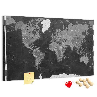 Tableau de liège Carte du monde noire avec les contours des pays