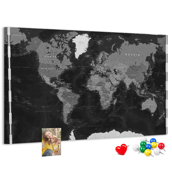 Tableau de liège Carte du monde noire avec les contours des pays