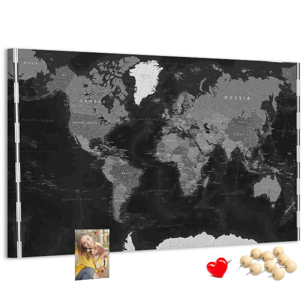 Tableau de liège Carte du monde noire avec les contours des pays