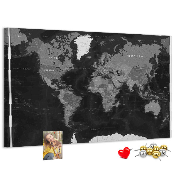 Tableau de liège Carte du monde noire avec les contours des pays