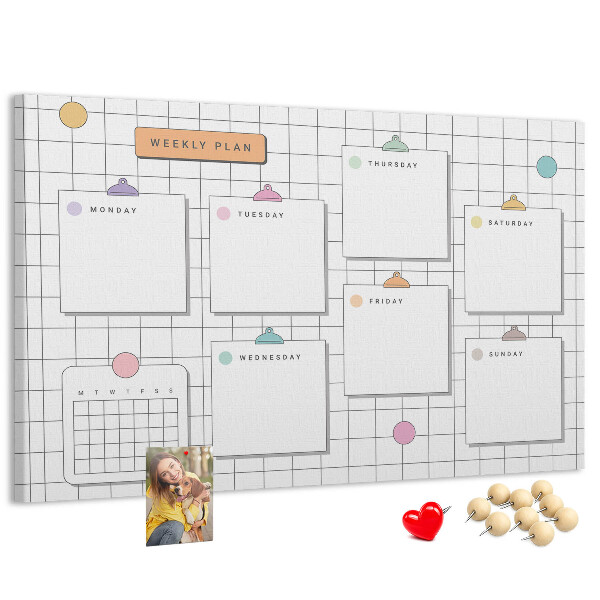 Tableau de liège Plan hebdomadaire avec des touches de couleur