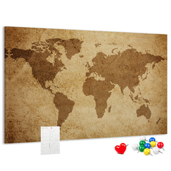 Tableau affichage liège Carte du monde antique sur fond de bronze