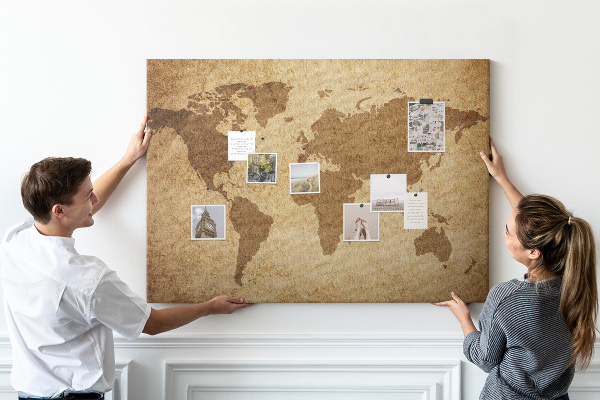 Tableau affichage liège Carte du monde antique sur fond de bronze