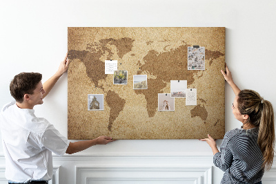 Tableau affichage liège Carte du monde antique sur fond de bronze