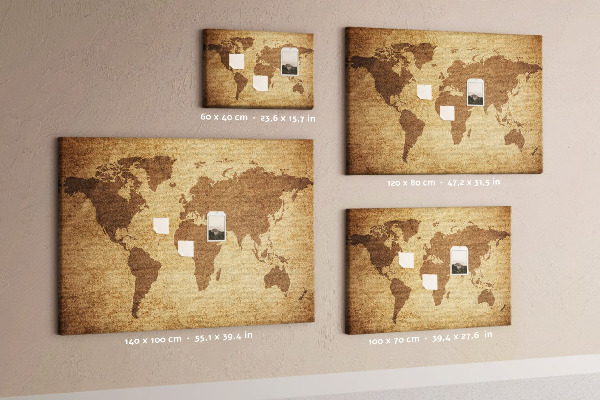 Tableau affichage liège Carte du monde antique sur fond de bronze