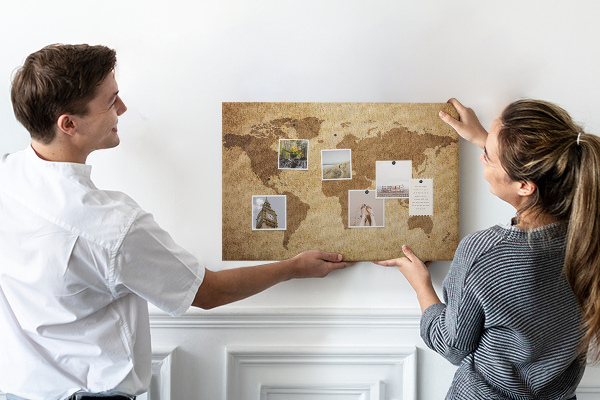 Tableau affichage liège Carte du monde antique sur fond de bronze