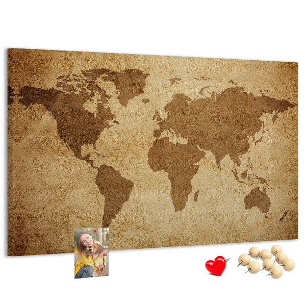Tableau affichage liège Carte du monde antique sur fond de bronze