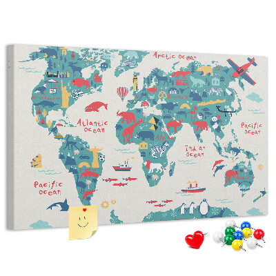Tableau en liège Carte du monde colorée avec des icônes d'animaux
