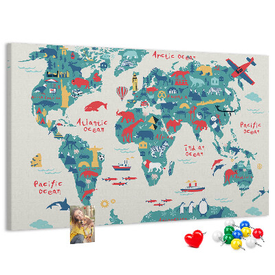 Tableau en liège Carte du monde colorée avec des icônes d'animaux