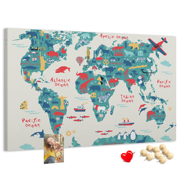 Tableau en liège Carte du monde colorée avec des icônes d'animaux
