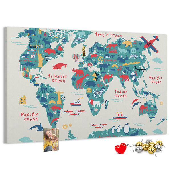 Tableau en liège Carte du monde colorée avec des icônes d'animaux