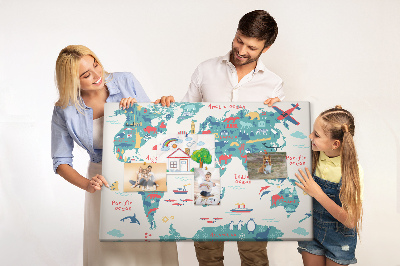 Tableau en liège Carte du monde colorée avec des icônes d'animaux