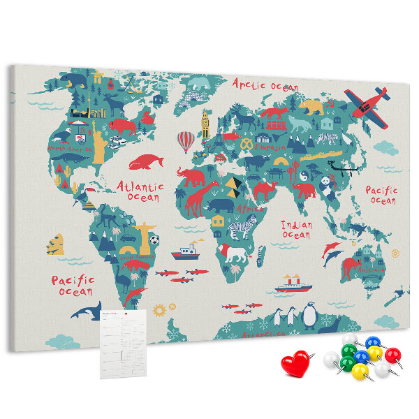 Tableau en liège Carte du monde colorée avec des icônes d'animaux