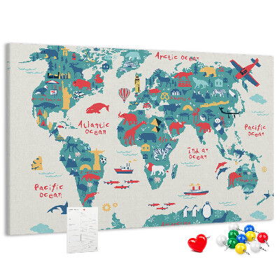 Tableau en liège Carte du monde colorée avec des icônes d'animaux
