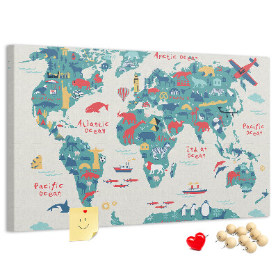 Tableau en liège Carte du monde colorée avec des icônes d'animaux