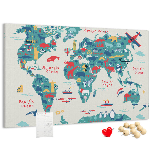 Tableau en liège Carte du monde colorée avec des icônes d'animaux