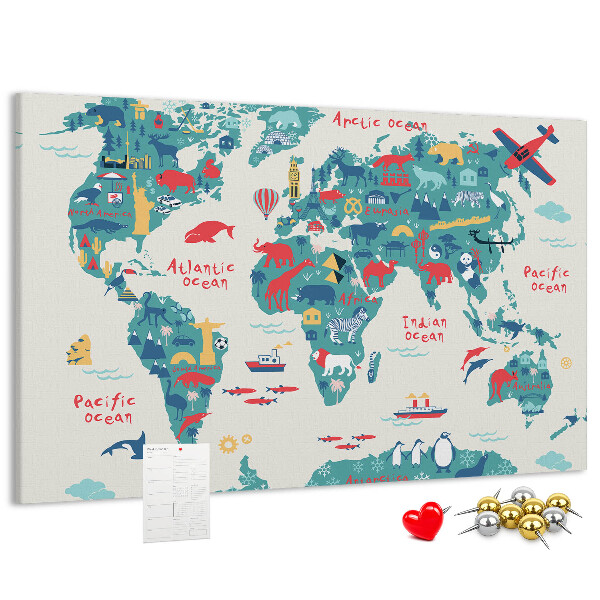 Tableau en liège Carte du monde colorée avec des icônes d'animaux