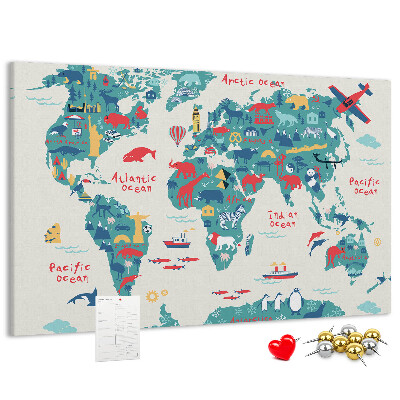 Tableau en liège Carte du monde colorée avec des icônes d'animaux