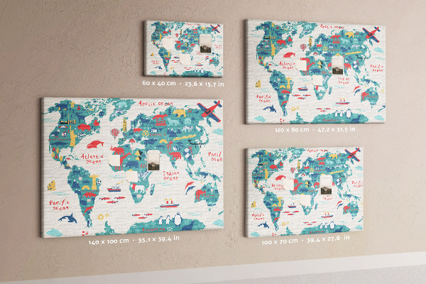 Tableau en liège Carte du monde colorée avec des icônes d'animaux
