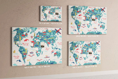 Tableau en liège Carte du monde colorée avec des icônes d'animaux