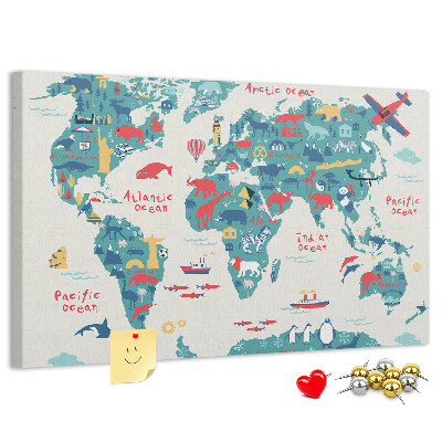 Tableau en liège Carte du monde colorée avec des icônes d'animaux