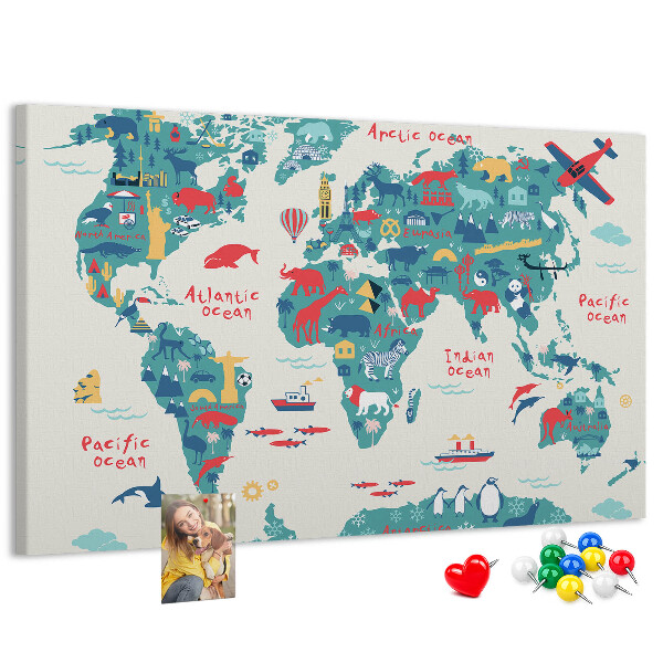 Tableau en liège Carte du monde colorée avec des icônes d'animaux