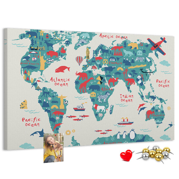Tableau en liège Carte du monde colorée avec des icônes d'animaux