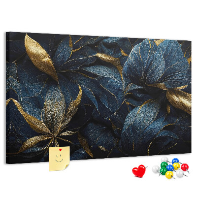 Tableau affichage liège Feuilles dorées sur fond bleu foncé