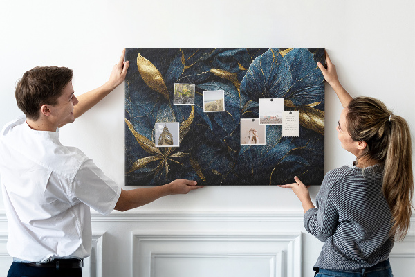Tableau affichage liège Feuilles dorées sur fond bleu foncé