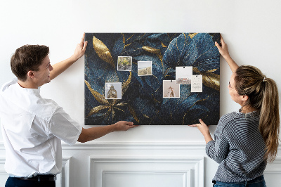 Tableau affichage liège Feuilles dorées sur fond bleu foncé