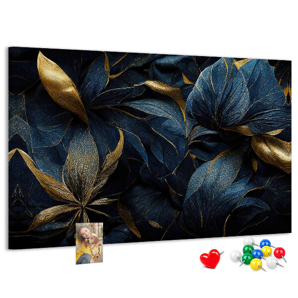 Tableau affichage liège Feuilles dorées sur fond bleu foncé