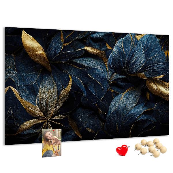 Tableau affichage liège Feuilles dorées sur fond bleu foncé