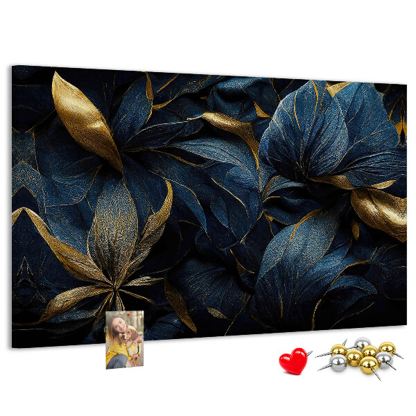 Tableau affichage liège Feuilles dorées sur fond bleu foncé