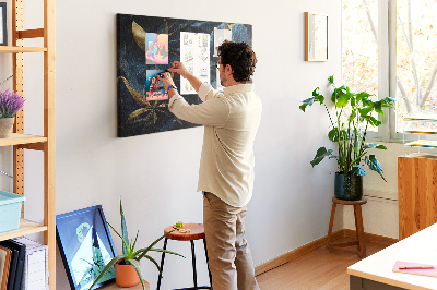 Tableau affichage liège Feuilles dorées sur fond bleu foncé