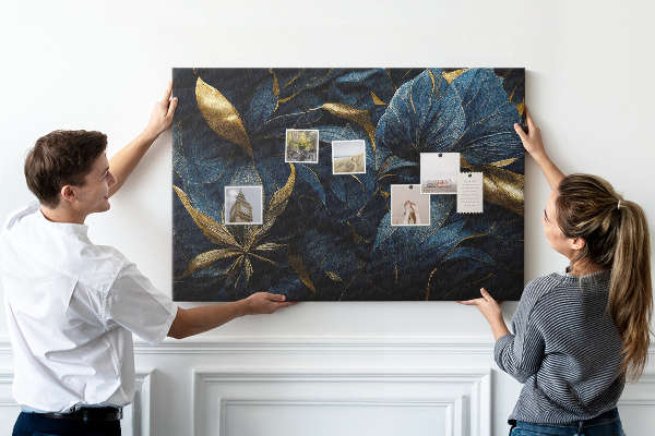 Tableau affichage liège Feuilles dorées sur fond bleu foncé