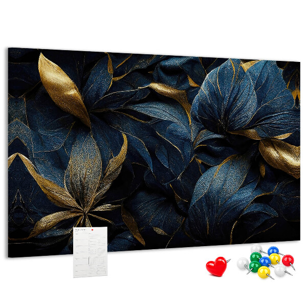 Tableau affichage liège Feuilles dorées sur fond bleu foncé