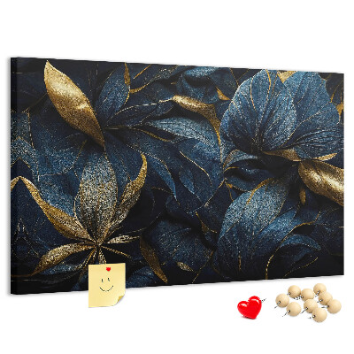 Tableau affichage liège Feuilles dorées sur fond bleu foncé