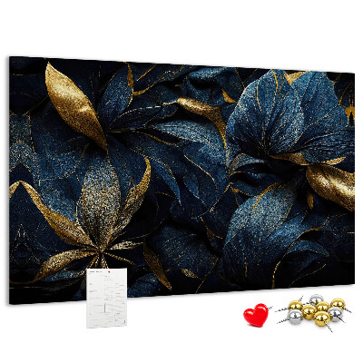 Tableau affichage liège Feuilles dorées sur fond bleu foncé