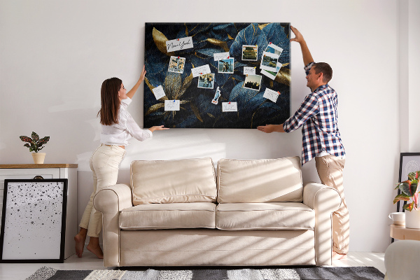 Tableau affichage liège Feuilles dorées sur fond bleu foncé